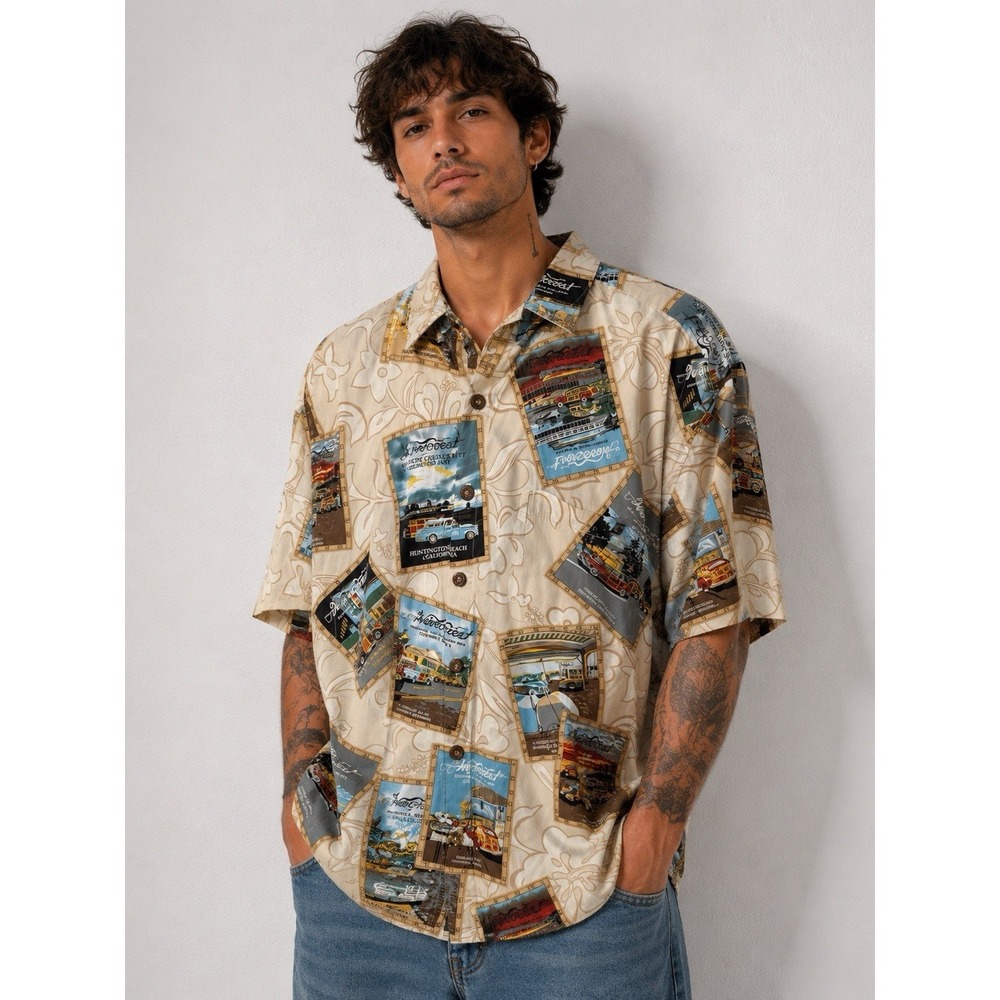 Vintage WAVECREST Beachwear Hawaiian Shirt Woodie Cards USA Medium -3032